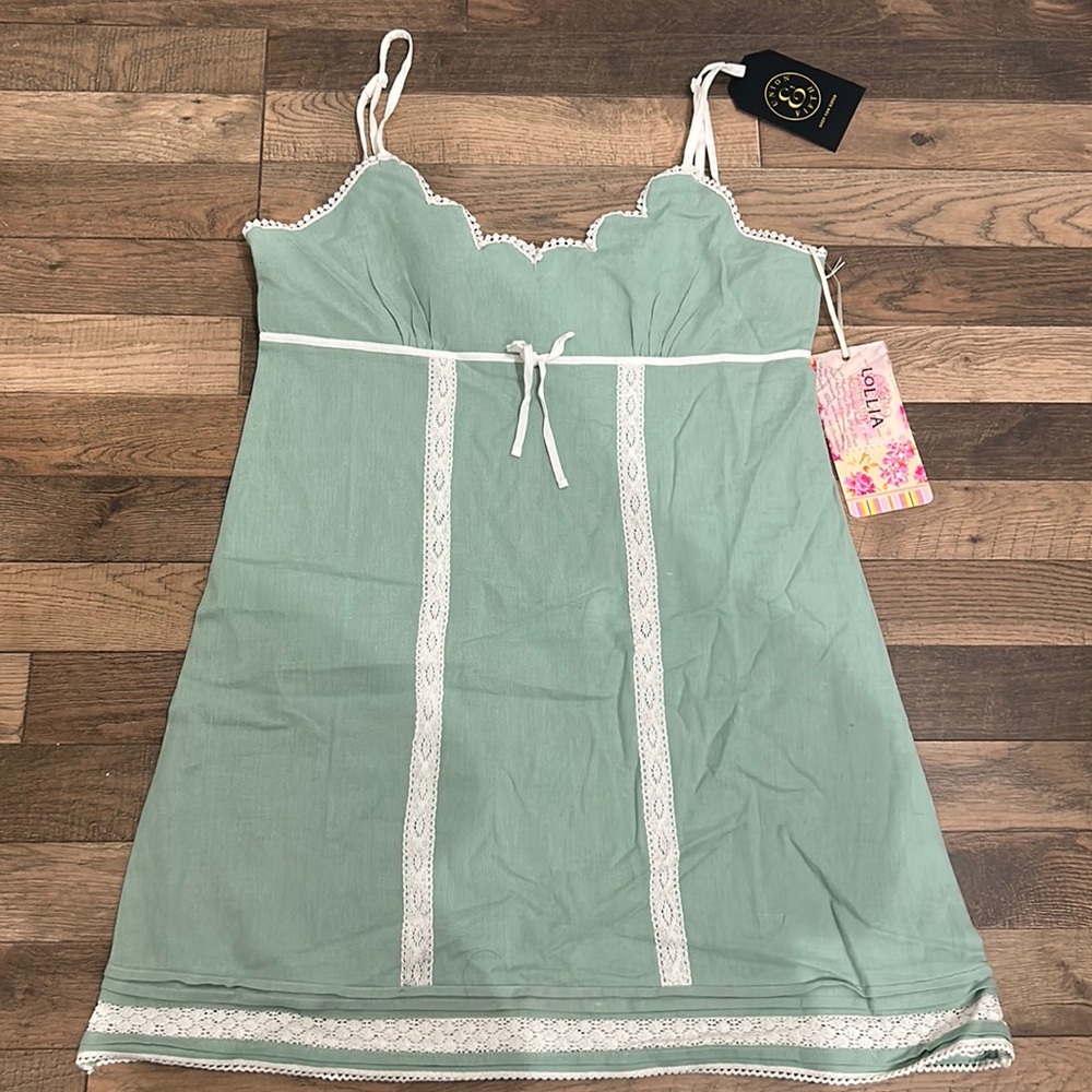 Sage Green NWT Linen Blend Coquette Lace Night Gown Mini Dress Size Small
